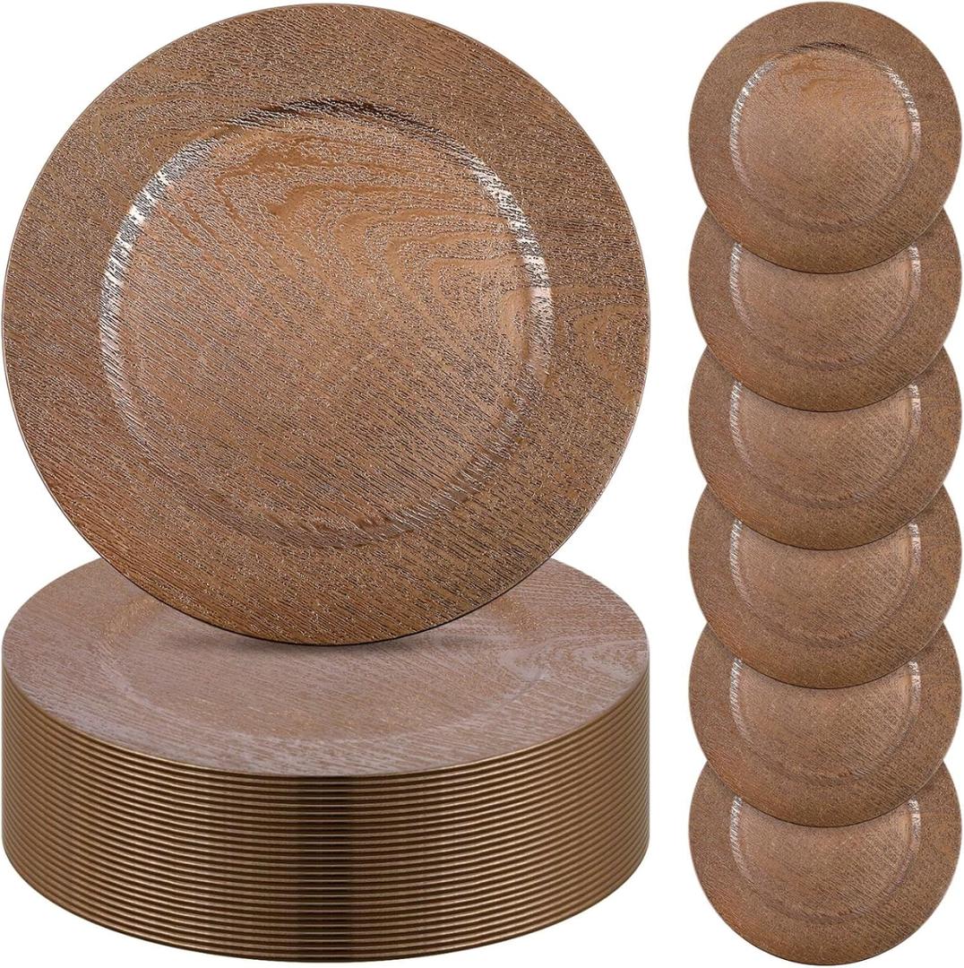 Mifoci 50 Pcs Faux Wooden Charger Plates 13 Inch Round Rustic Plastic Plates Antique Design Bulk Decorative Chargers for Dinner Tray for Wedding Dinner Table Farmhouse Party Event(Brown)