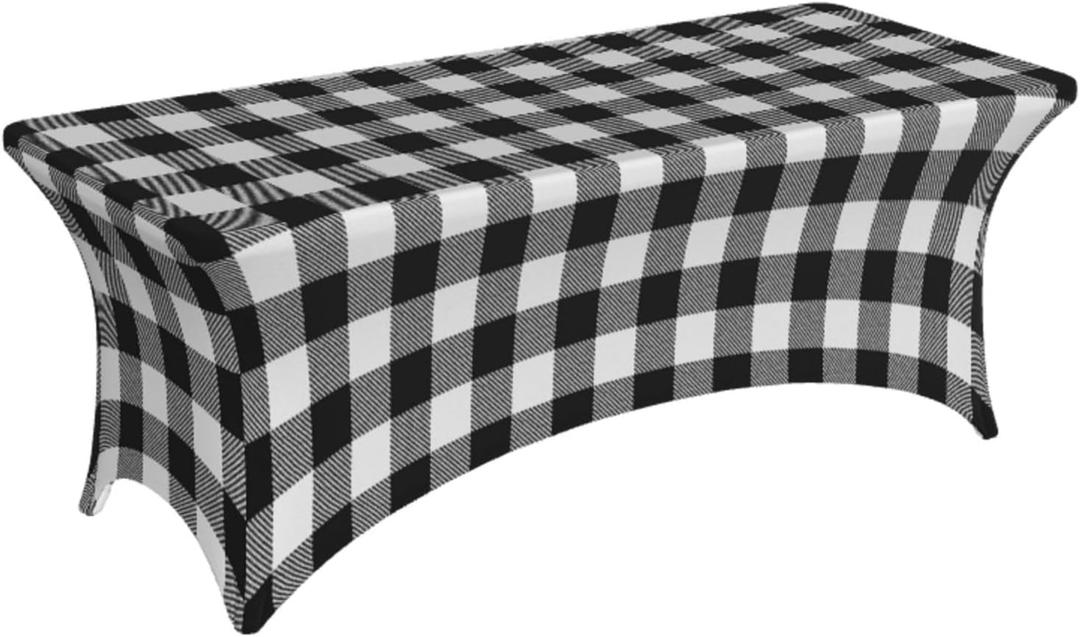 Black and White Buffalo Plaid 6 Ft Elastic Table Cover Fitted Rectangular Tablecloth for Party Banquet Festival Wedding