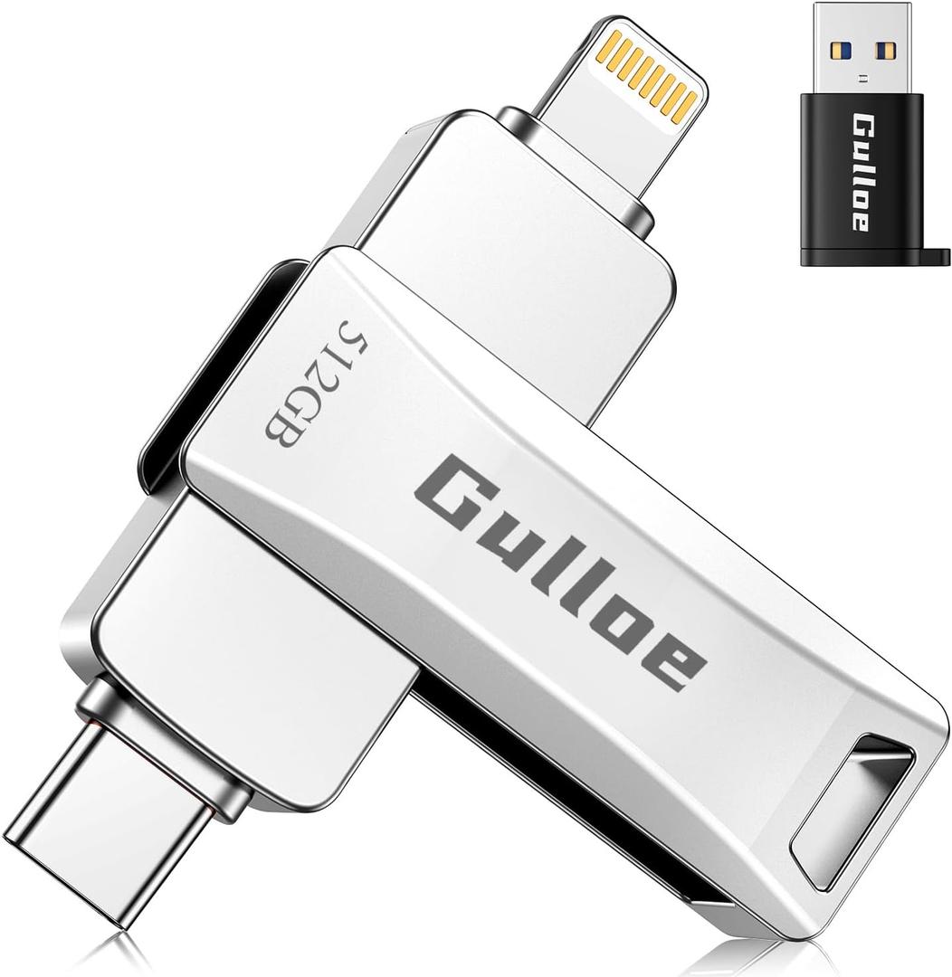 Gulloe 512GB Flash Drive Intended for iPhone, Plug and Play, No Application Required, Memory Stick Storage for Photos and Videos Backup, Compatible with iPhone iPad Android PC (Metal Silver)