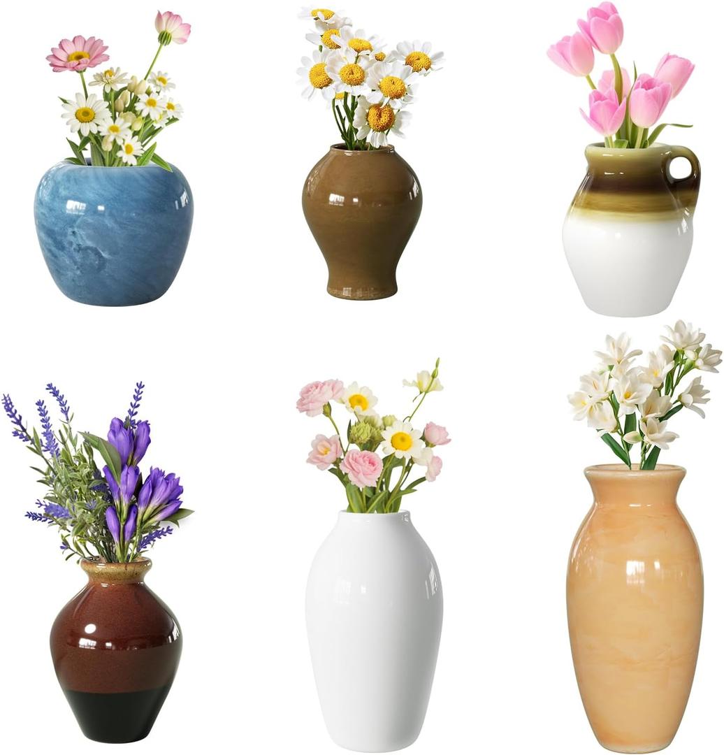Cute Mini Ceramic Vase Fridge Magnets, Funny Small Plant Magnets, Tiny 3D Plant Vase for Refrigerator Decoration Kitchen Locker Kitchen Office (6 Pack)