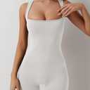 QINSEN Womens Strappy Square Neck Tank Top Tummy Control Bodycon Stretch Shorts Jumpsuit Rompers (White, S)