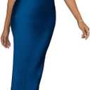 Sexy Satin Spaghetti Strap Floral Embroidered Maxi Dress for Women Sweetheart Neckline Backless Sleeveless Slit Midi Dress (Medium, Navy)