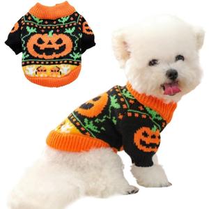 ANIAC Halloween Small Dog Sweater Pumpkin Cat Turtleneck Knitwear Warm Pet Halloween Costume Pumpkin cat Outfit Holiday Puppy Dog Clothes for Girl Boys (Black+Orange, X-Small)