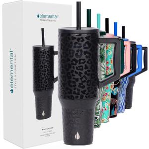 Elemental 40 oz Tumbler with Handle and Straw - Spill Proof Insulated Stainless Steel Commuter for Hot and Cold Beverages - Travel Coffee Mug with 2 Straws & Spill Proof Lid - 40oz - Black Leopard