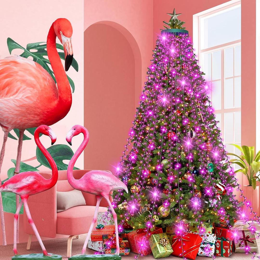 Pink Christmas Tree Lights Indoor 400 LED 8.2FT x 16 Drop Valentine's Day Indoor Outdoor Lights with 8 Models & Memory Function & Timer