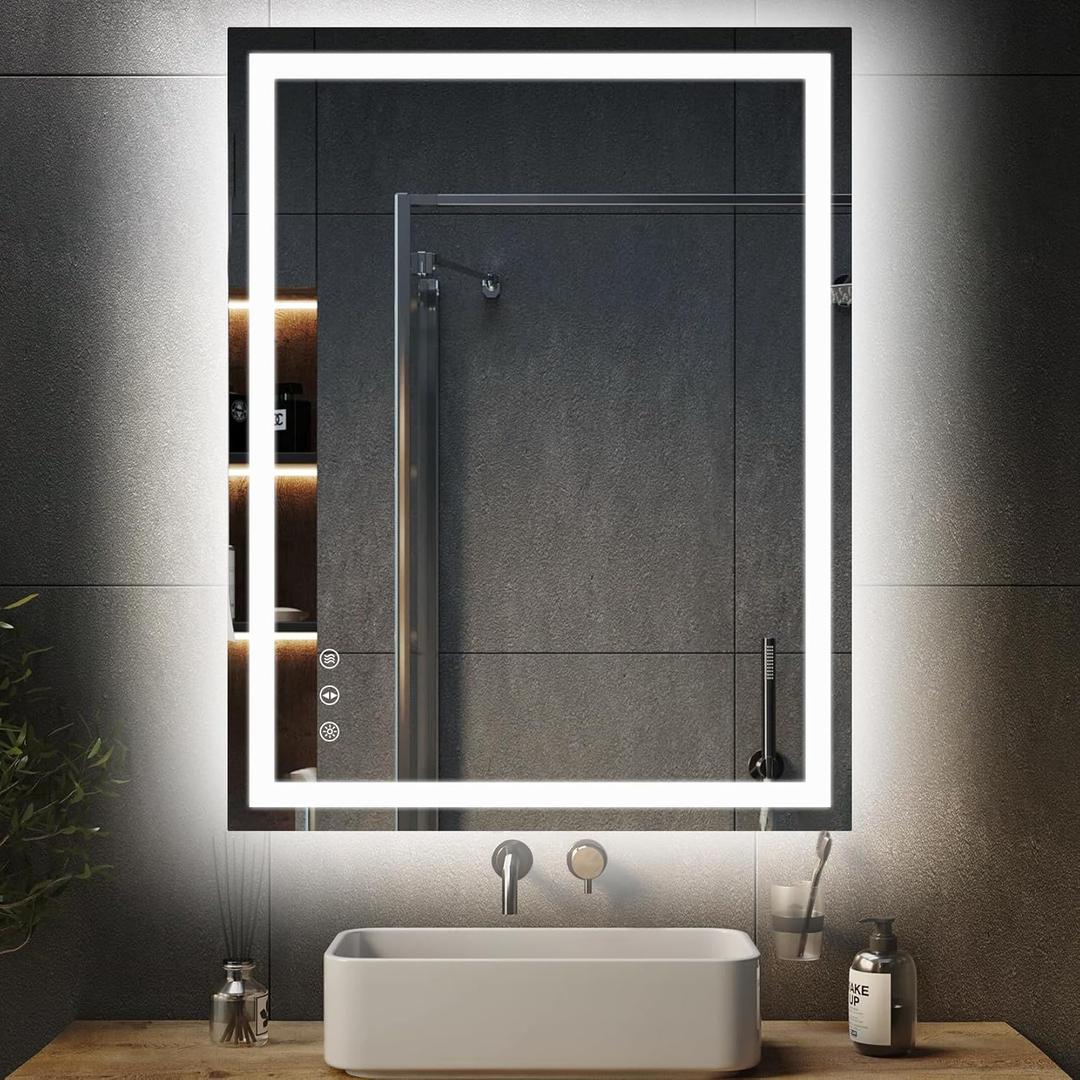YOLEO 24x32 LED Bathroom Mirror, 32X24 Led Mirror for Bathroom with Front and Backlit, Lighted Bathroom Vanity Mirror for Wall, Anti-Fog, Dimmable, Memory Function, 3 Colors, Horizontal/Vertical
