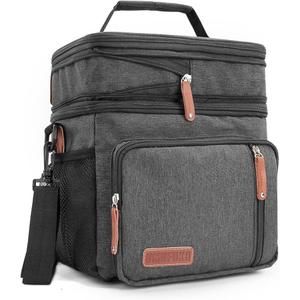 UMUFUKA Men's Double/ Women's Compartment Lunch Bag, Insulated Lunch Cooler Tote 2 Roomy Large Reusable Water-resistant Lunch Box (Black)