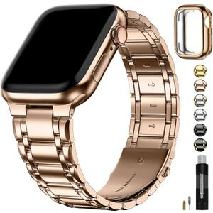 Fullmosa Bands Compatible with Apple Watch Band 46mm Series 11 10, Stainless Steel iWatch Band with Case for Apple Watch, Rose Gold