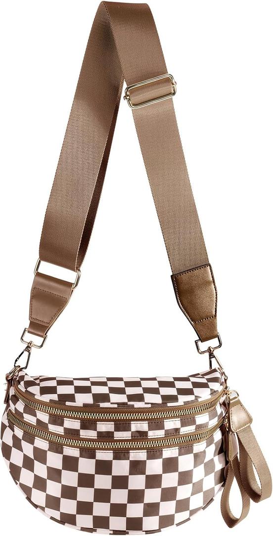 Spacious Checkered Nylon Crossbody Bag Bum Bag Checkered Handbags Wallets for Women, Brown Checkered 