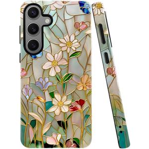 Case for Samsung Galaxy S24,Stained Glass Bloom Flower Phone Case Drop Resistant Glossy 2 in 1 Solid Dual-Layer Cover for Girl Women