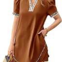 Wenrine Womens Puff Short Sleeve Mini Dress Casual V Neck Color Block Leopard Loose Beach Summer Dresses with Pockets (Brown, L)