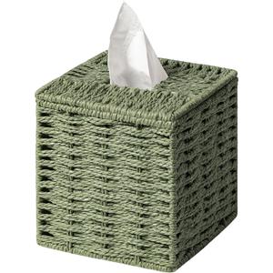 Sage Green Tissue Box Cover, Paper Rope Hand Woven Square Tissue Box Holder for Home Decor, Bathroom Countertop, Office, Bedside Table