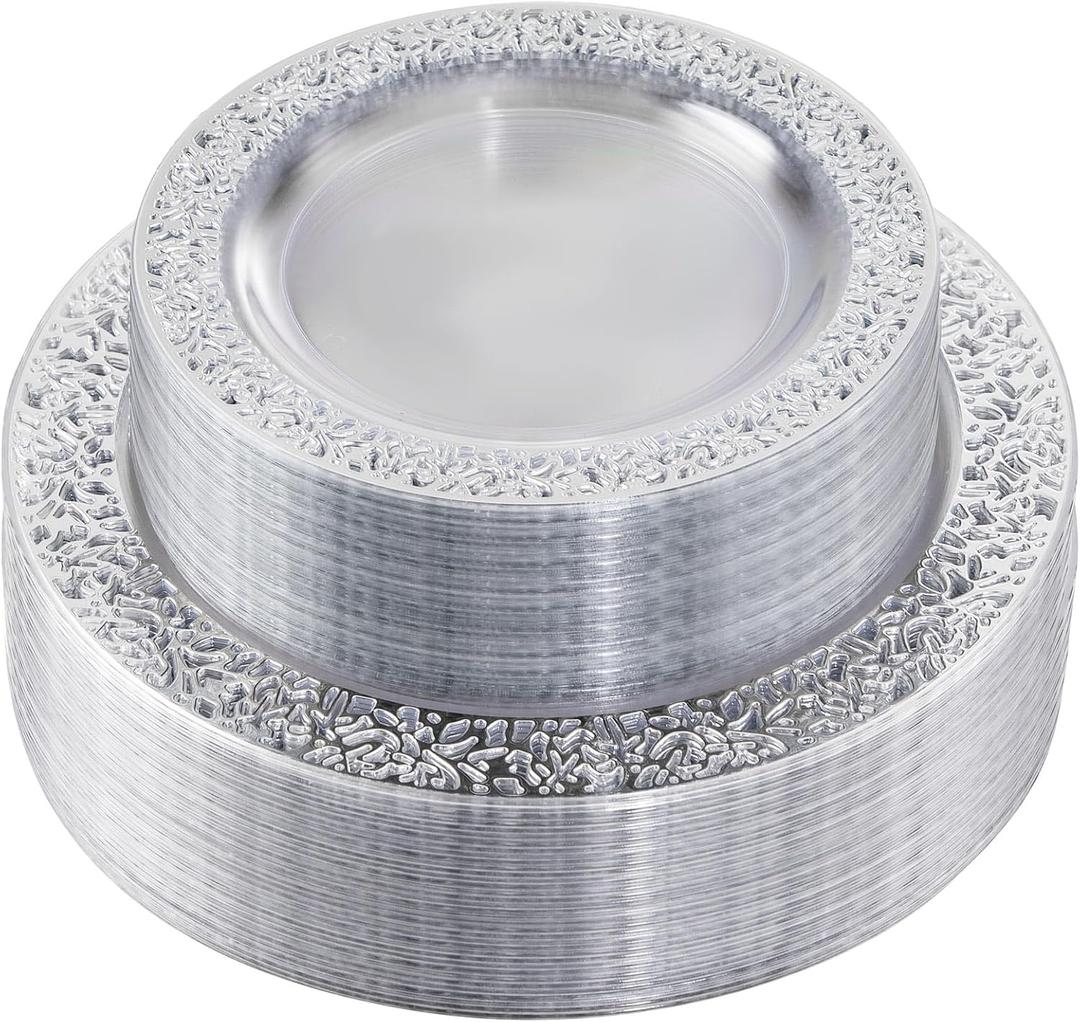 96pcs Silver Plastic Plates - Clear With Silver Rim, 48 Heavy Duty Dinner Plates (10.25 Inch) and 48 Dessert Plates (7.5 Inch) - Perfect for Party