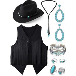 Suhine 9 Pack Western Outfits for Women Cowgirl Vest Boho Cowboy Hat Jewelry Kit for Halloween Cosplay (Size X-Large, Black)