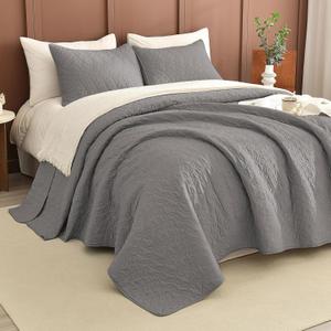 Lady Ann Gray Oversized King Bedspread 120x120, 3Pcs Extra Large Farmhouse Lightweight King Quilt Bedding Set Gray Soft Quilted Leaves Pattern Printed Bedspreads for All Season