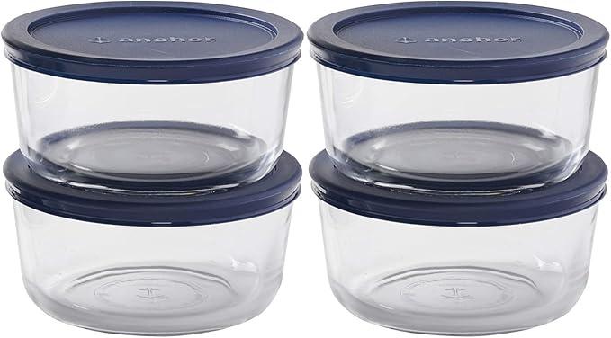 Anchor Hocking SnugFit Round Food Storage Containers with Lids (4-Piece, 4-cup, Navy Blue, oven-safe)