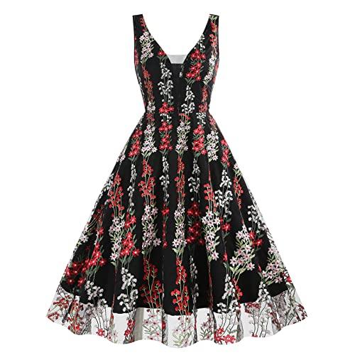 Deep V Neck Floral Embroidery Dress for Women Plunge Neck Sleeveless Embroidered Dress Summer A-line Tulle Flower Prom Dress Short Vintage Cocktail Wedding Party Evening Dress Black+Red Floral M