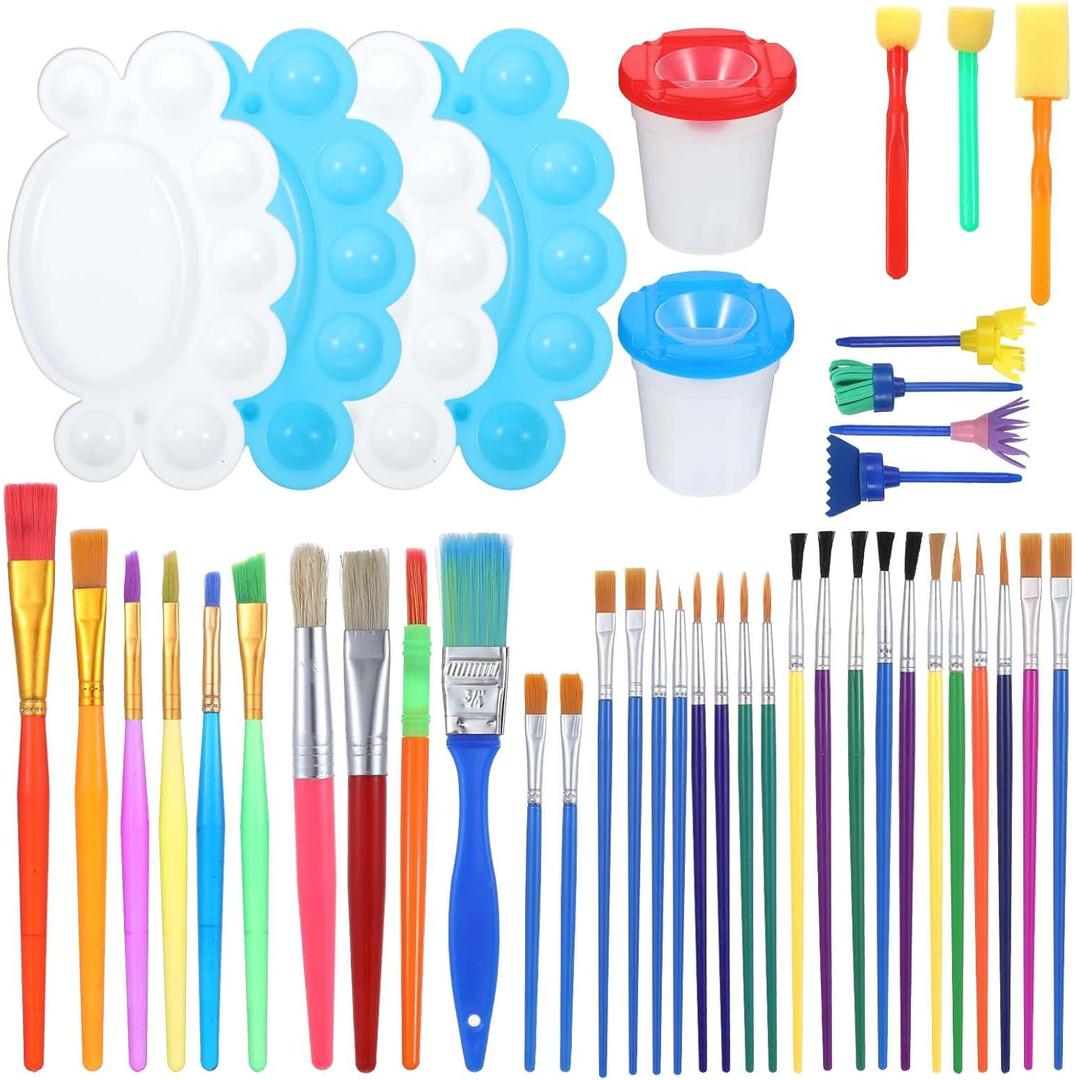 60Pcs Kids Painting Brushes Set, Painting Tools Set with Paint Cups, Lids Paint Palettes, All Purpose Multi Sizes Oil Watercolor Paints Brushes Supplies Bulk for Kids Children