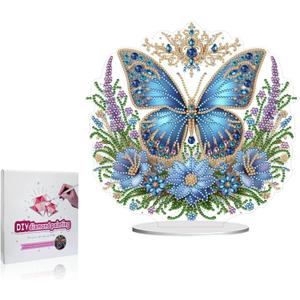 Koikify Diamond Painting Tabletop Ornament, DIY Crystal Diamond Art Kit with Blue Floral Butterfly, Stand Up Gem Painting Craft for Home & Office Decor (9.45 x 9.09 Inch/24 x 23.1 cm)