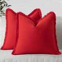 MIULEE Decorative Throw Pillow Covers Neutral Linen Fringe Throw Pillows Set of 2 Red Boho Farmhouse Cushion Covers with Tassels for Couch Sofa Bed Living Room Spring Home Decor 18x18 Inch