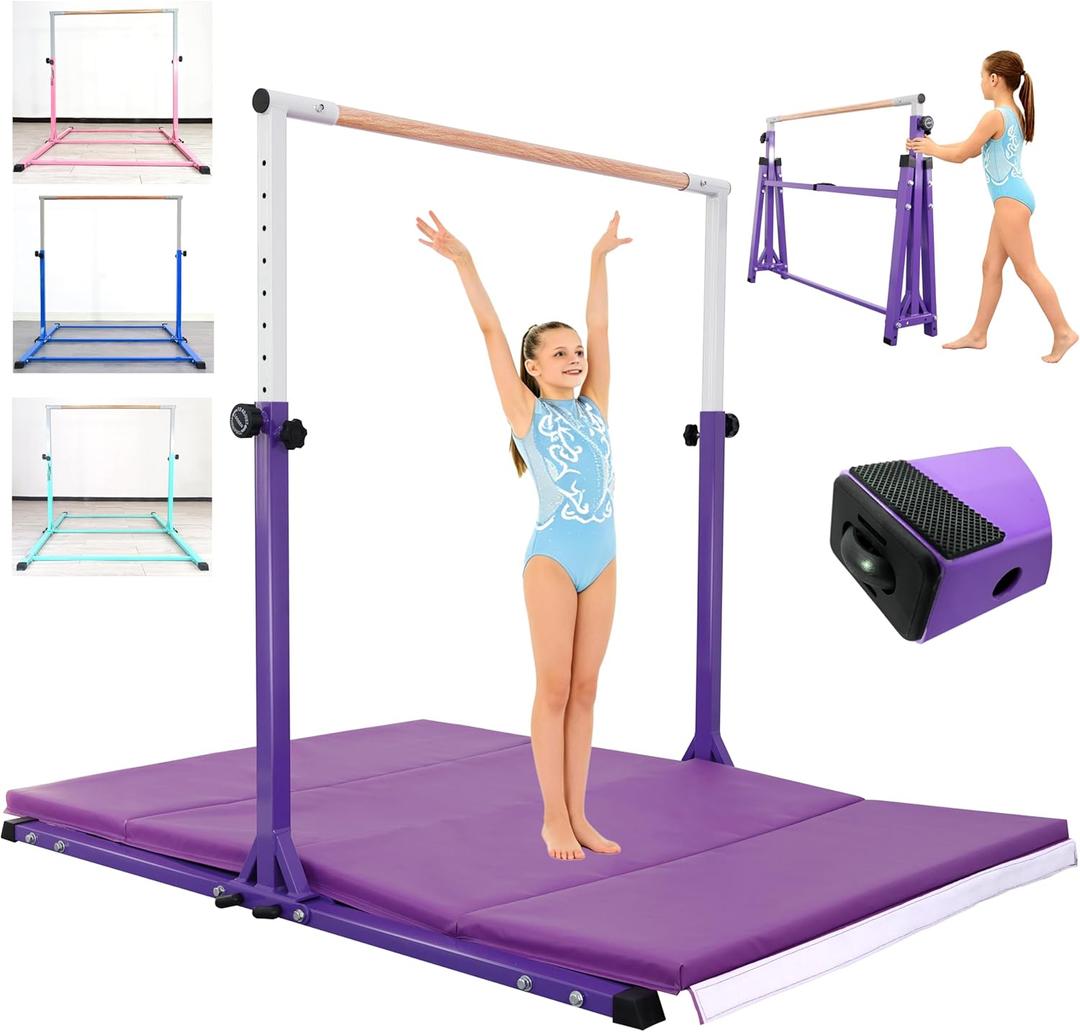Seliyoo Foldable Gymnastics Bar for Kids Teens Ages 3-18, 5FT/6FT Kip Training Bar -Sturdy Base for Home Training,Adjustable Height 35" to 59" for, 400 LBS Capacity,Anti-Slip Base & Easy Assembly (Three base connections, Hot Purple-with Mat)