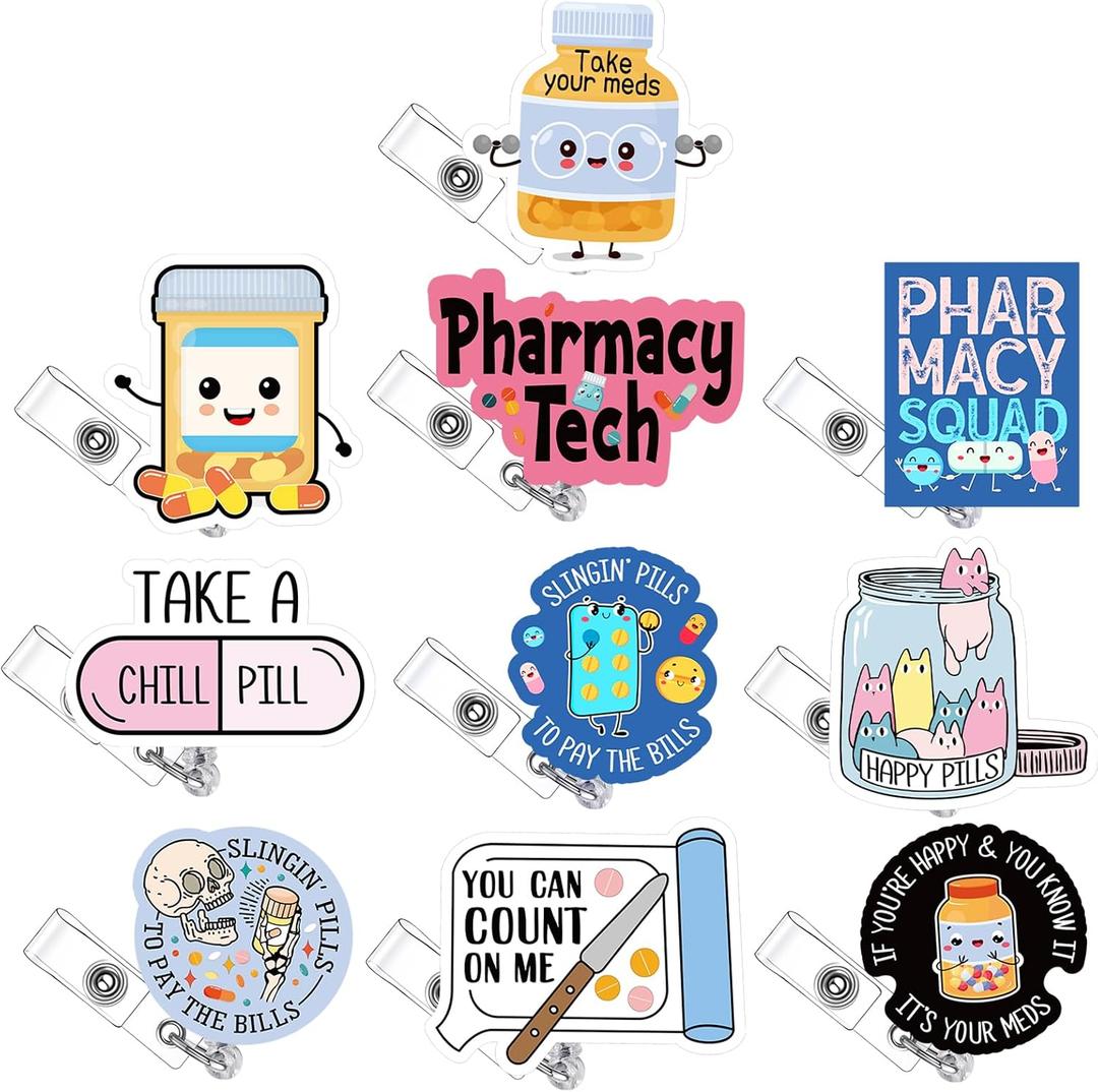 Wavwavw 10 Pcs Pharmacy Badge Reel Funny Pharmacy Technician Gifts Nurse Badge Reel for Doctors Nurses Week Gift Supplies