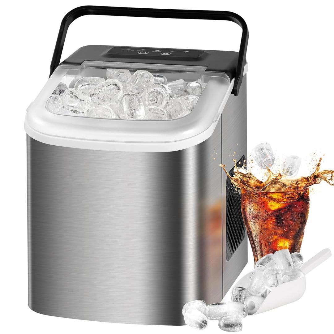 MAXEVE Ice Maker Countertop, 34LBs/24H Ice Machine, 2 Bullet Size, Fast Making 9Cubs in 5 Mins, Portable Ice Maker Machine with Self Cleaning, Ice Basket, Ice Scoop for Home/Office/Bar (Silver)