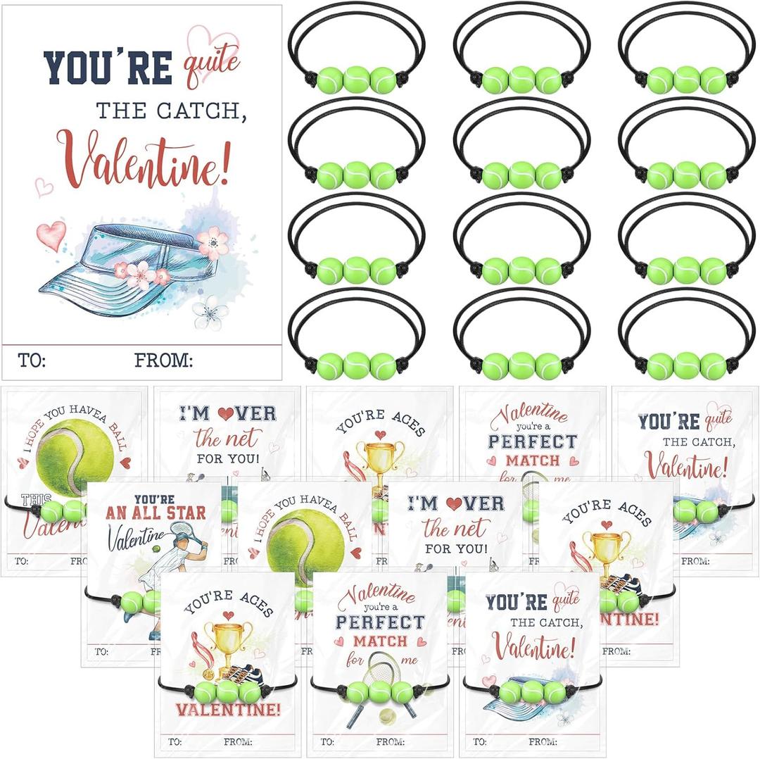 36 Set Tennis Valentine's Gift Cards and Bracelet for Kids Classroom Valentine's Day Exchange Gift Adjustable Sports Bracelet for Boys Girls Party Favor Prizes Supplies