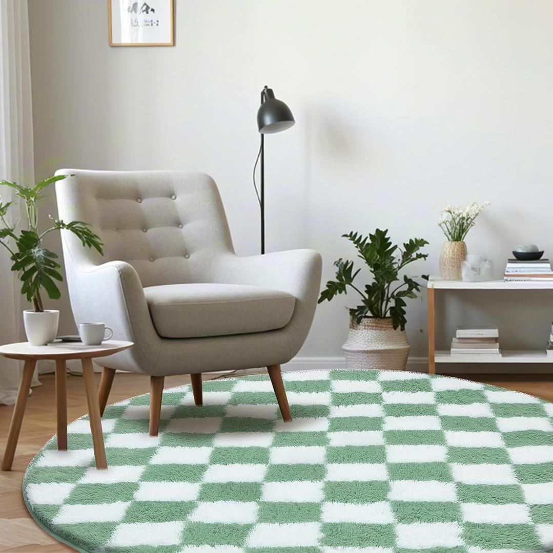 Super Soft Rug, Round Rug for Bedroom, 4X4 Ft Sage Green and White Checkered Round Rug Non-Slip High Pile Cute Soft Fluffy Rug for Living Room Bedroom Kids Room