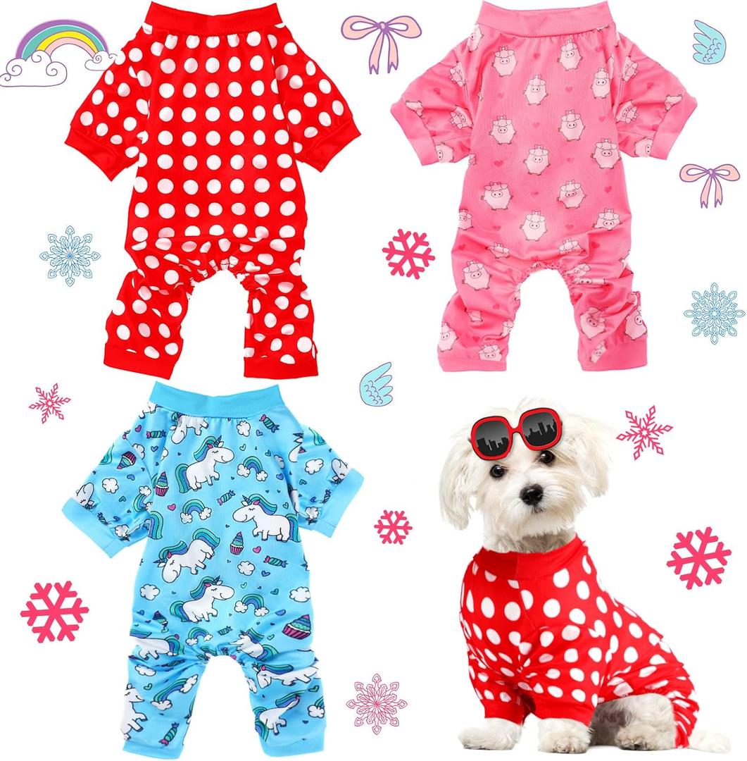 3 Pieces Dog Pajamas Puppy Soft Pets Clothes Dog Jumpsuit for Pets Cute Apparel Bodysuits for Girl and Boy, 3 Styles (M Fits 5.5-7.7 lbs)