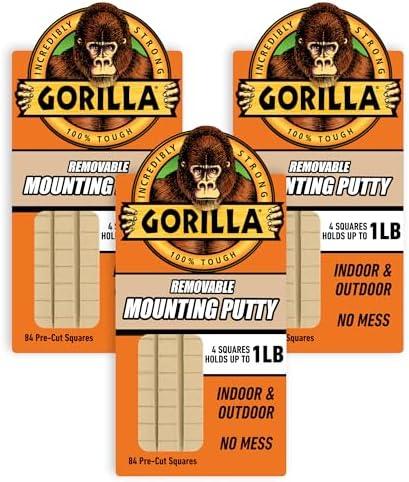 Gorilla Mounting Putty, Natural Tan Color, 84 Pre-Cut Squares (Pack of 3) - Non-Toxic Removable & Repositionable Wall Putty