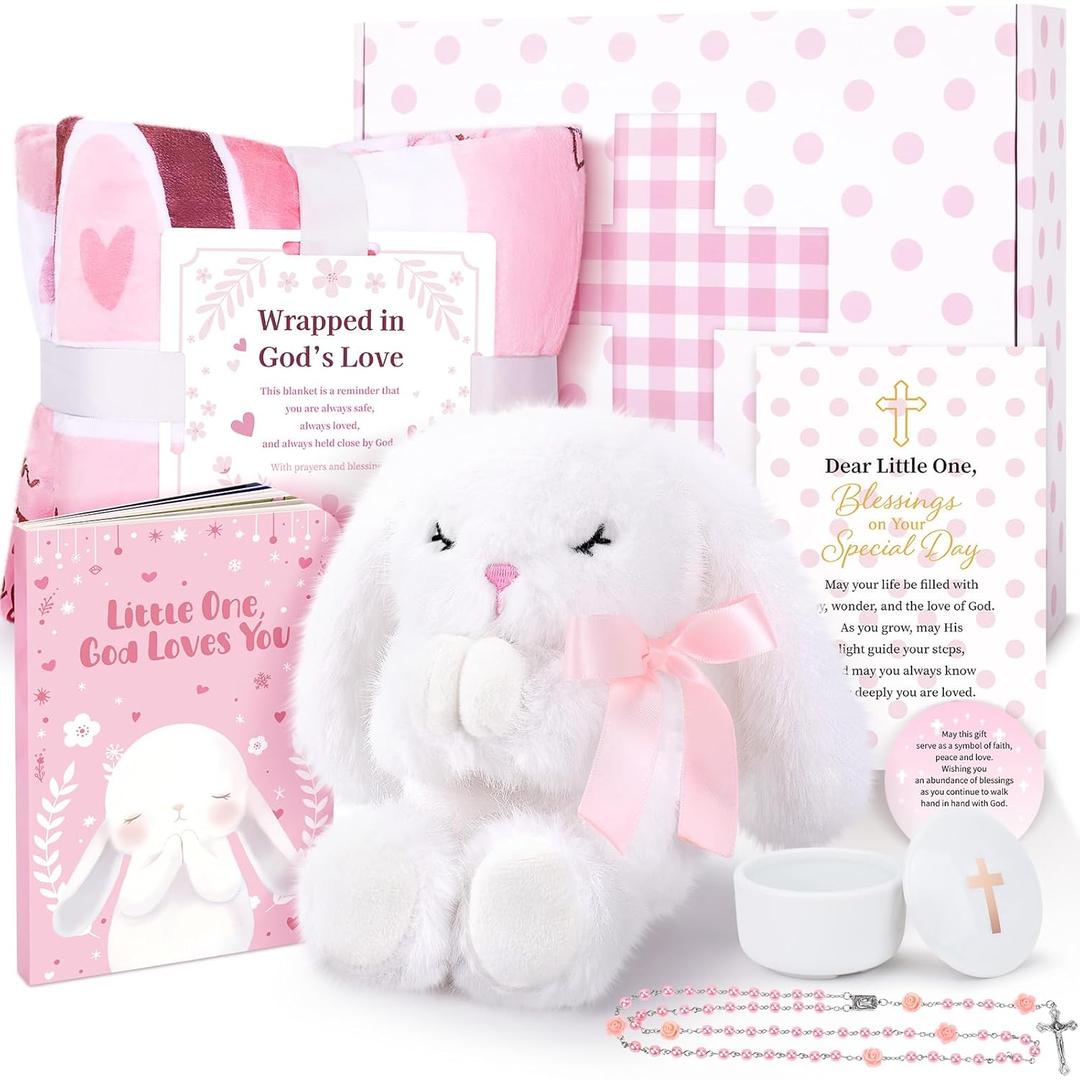 Baptism Gifts for Girl, Christening Gift Set for Baby Girls, Baby Dedication Gift, Includes Bunny Stuffed Animal, First Rosary Beads, Prayer Book, Keepsake Blanket, Catholic Baptism Gift Basket (PINK)