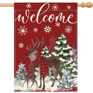 Artscope Welcome Reindeer Christmas Tree House Flag 28x40 Inch Double Sided, Seasonal Outdoor Winter Xmas Flag for Yard Farmhouse Holiday Decoration-Red