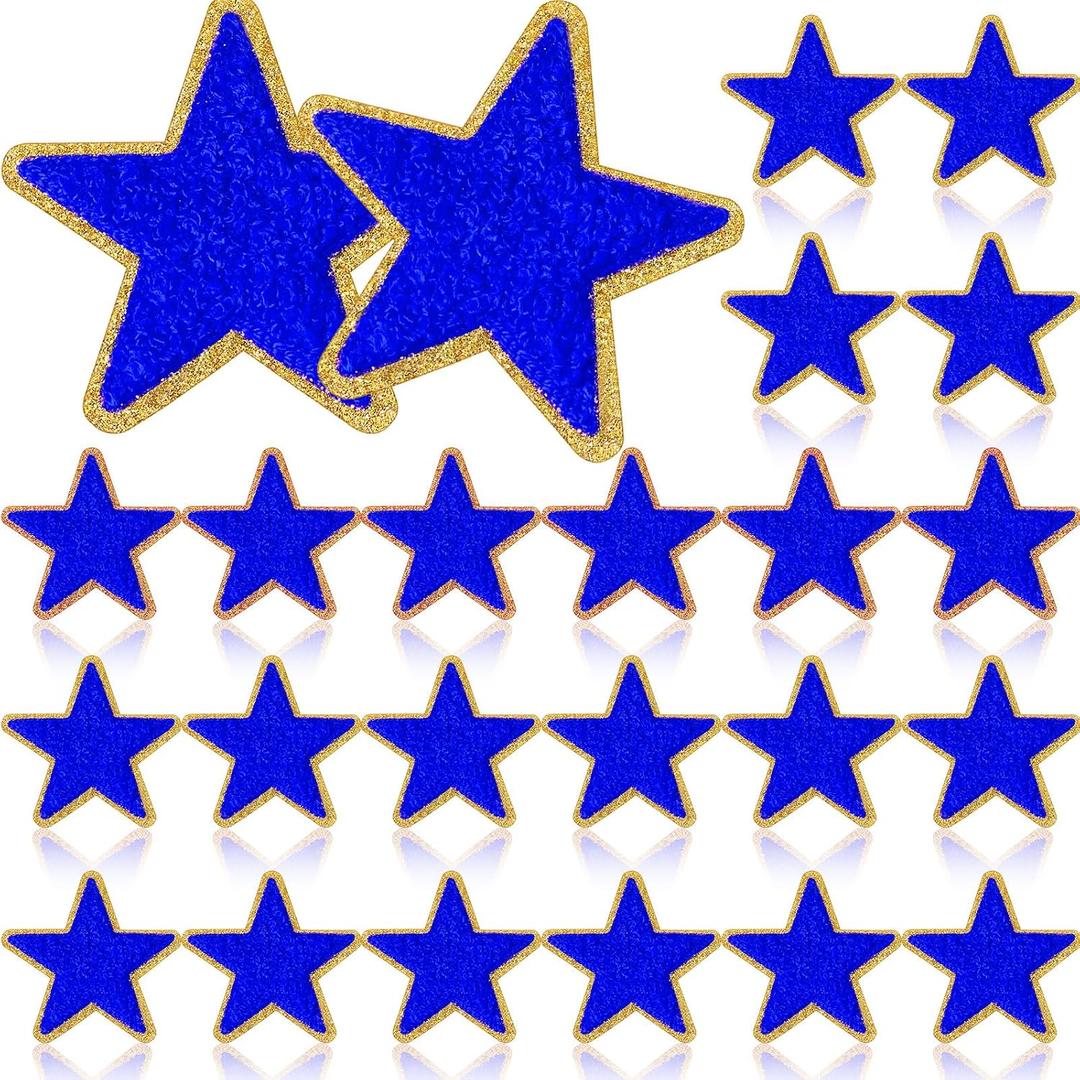 Jexine 32 Pieces Chenille Star Patches Blue Self Adhesive Fabric Stickers Small Chenille Iron on Star Patches DIY Sewing Embroidered Appliques for Christmas Thanksgiving Graduation Clothes Hats Jeans