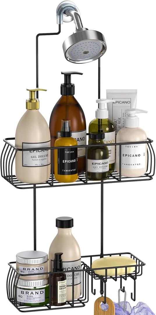 Anti-Swing Hanging Shower Caddy, Over Head Shower Caddy, Stainless Steel 304 Rustproof Shower Organizer with hooks for Towels, Sponge and more, Trending Black