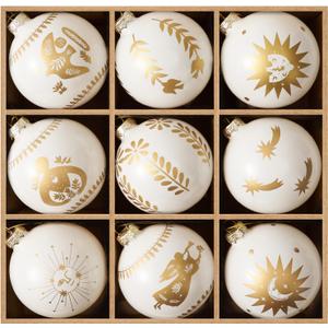 DN DECONATION 9Pcs Christmas Ball Ornaments 3.14 Vintage White &Gold Glass Ornament Balls with Peace Patterns, Decorative Hanging Ornaments for Christmas Tree Decoration, Elegant Holiday Home Decor