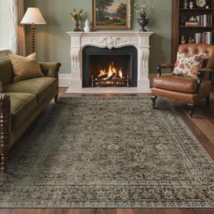 8x10 Area Rug Machine Washable Boho Rug for Living Room,Ultra-Thin Low Pile Carpet,Lightweight Indoor Printed Rug,Non Slip Floral Area Rug for Bedroom, Dining Room, Home Office,Vintage Sage Green