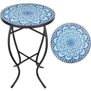 Vipush Outdoor Mosaic Side Table,14'' Round Small Patio Bistro Accent Table Indoor End Table Black Iron Plant Stand for Garden Yard Parch Balcony, Dark Blue