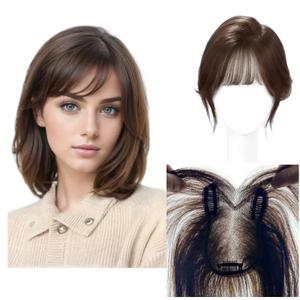 Anemone Borderless Design Lace Human Hair Toppers for Women Clips in False Bangs Fluffy Fringe Hairpiece For Cover Thinning Grey Hair (8 * 11 Brown Air Bangs)