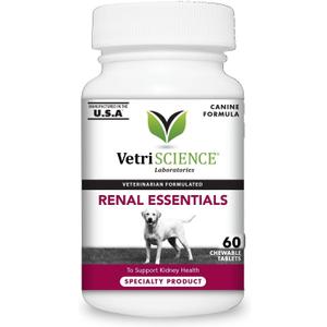 VetriScience Kidney Health Chewable Tablets for Dogs - Renal Essentials Support Supplement with Astragalus, Rehmannia, Nettle Seed & Cordyceps, Urinary & Renal Support, Smoke Flavor, 60 Ct