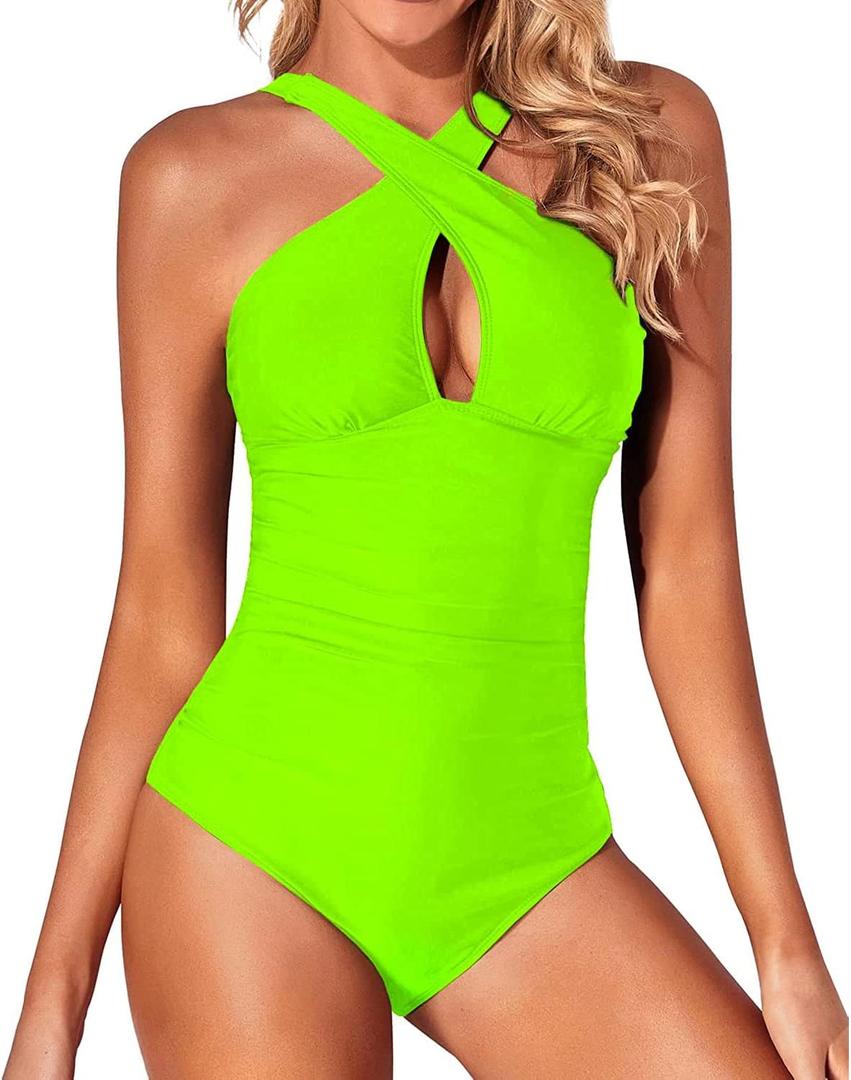 Tempt Me Women One Piece Swimsuits Front Cross Keyhole Tummy Control Backless Bathing Suit (Small, Neon Green)