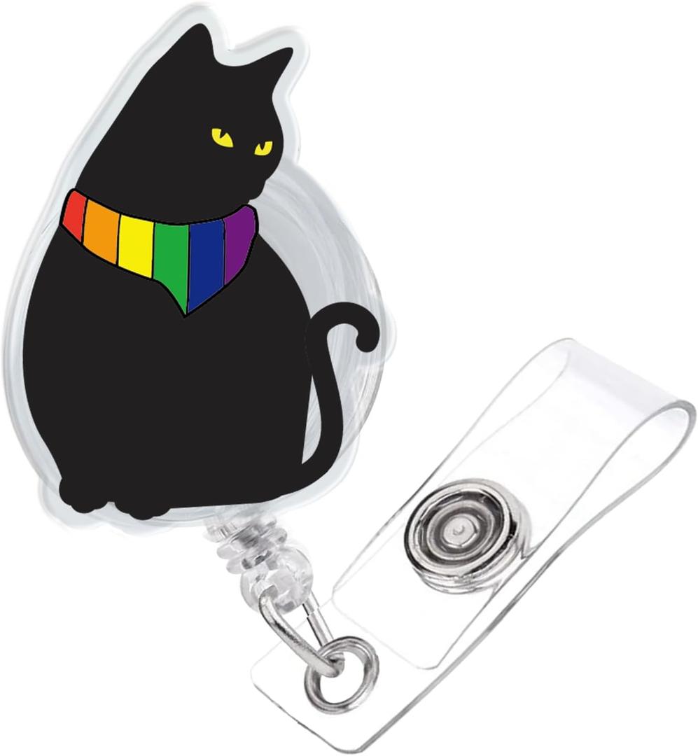 2 x Nurse Badge Reel, LGBT Black Cat with Rainbow Flag Gay Pride, Retractable for Nurse Name Tag Card, Funny Pride LGBTQ Rainbow Nursing Doctor Medical Work Office Alligator Clip