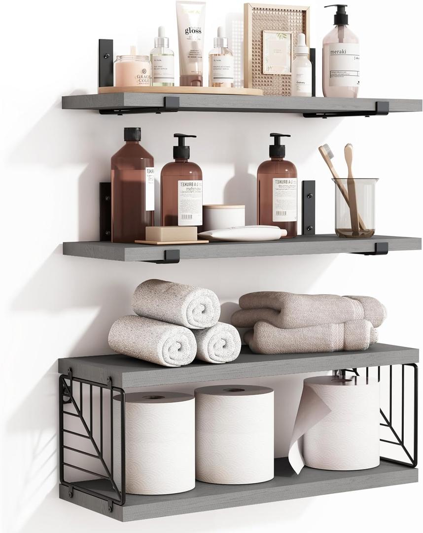 Fixwal 3+1 Tier Bathroom Floating Shelves Over Toilet, 15.8in Farmhouse Rustic Wood Shelves, Wall Decor for Bathroom, Living Room,Bedroom and Kitchen (Gray) (Grey)