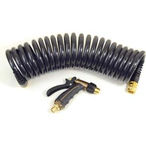 Hose Kit: 1/2" ID x 25' HP Quality Coiled Hose (Charcoal Gray) with Metal Body Spray Nozzle and Brass Quick Release Swivel Connector