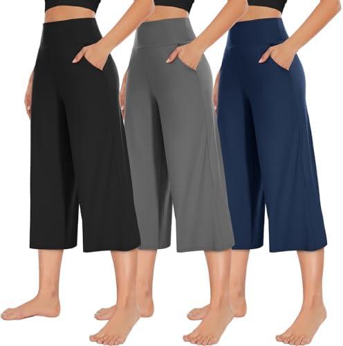 NEW YOUNG 3 Pack Women's Wide Leg Pants with Pockets High Waist Loose Sweatpants Casual Lounge Yoga Workout Palazzo, M