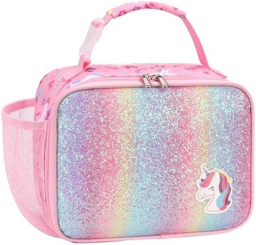 BrainyBees Kids Lunch Bag for Girls - Insulated Kids Lunch Box with Water Bottle Holder Toddler Lunchbox for Daycare and School, Easy to Clean, Glitter Pink Unicorn