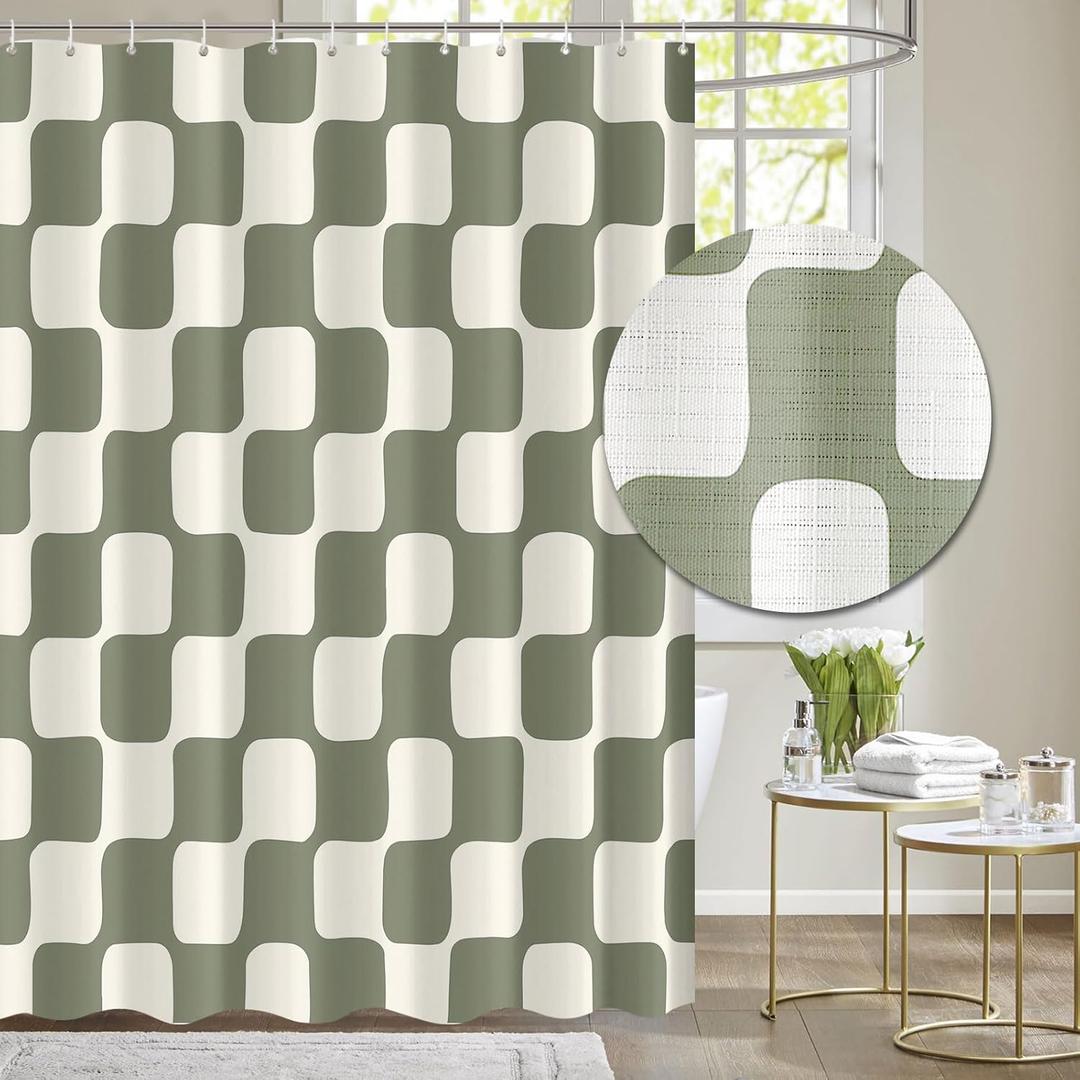 Tititex Retro Checkerboard Grid Pattern 140gsm Faux Linen Fabric Shower Curtain, Beige Sage Green Classical Groovy Wavy Checkered Shower Curtain Sets Decoration 72x78 Inch with Hooks