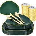 DaYammi 180Pcs Green Plastic Plates, Green Gold Disposable Plates with Gold Silverware Dinnerware Set Include: 30 Dinner Plate,30 Dessert Plate,90 Plastic Cutlery,30 Cups for St. Patrick's Day Party