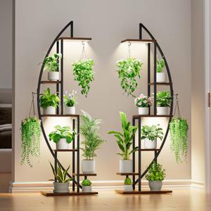 Plant Stand Indoor with Grow Lights, 6 Tiered Tall Plant Shelf, 63" Metal Plant Stand for Indoor Plants Multiple, Half-Moon Plant Rack Display Shelf, 2 Pcs Plant Holder for Living Room, Patio