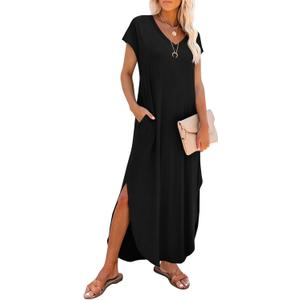 Summer Casual Maxi Dresses for Women Cap Sleeve Long Sundress with Pockets (Black, XXL)